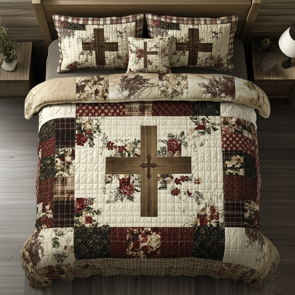 Shining Cross Quilted Bedding Set Holiday Bedroom Decor Gift For Religious Occasions Cross - Tradiviet