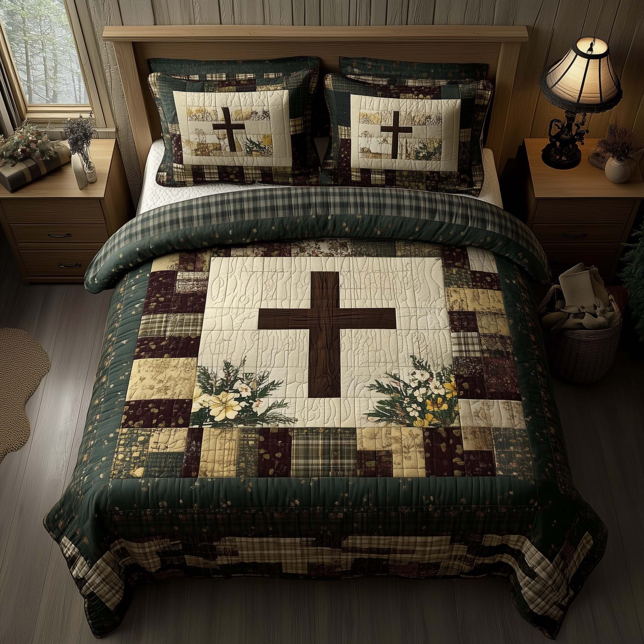 Shining Cross Quilted Bedding Set Mens Bedroom Decor Cross Gift For Family - Tradiviet