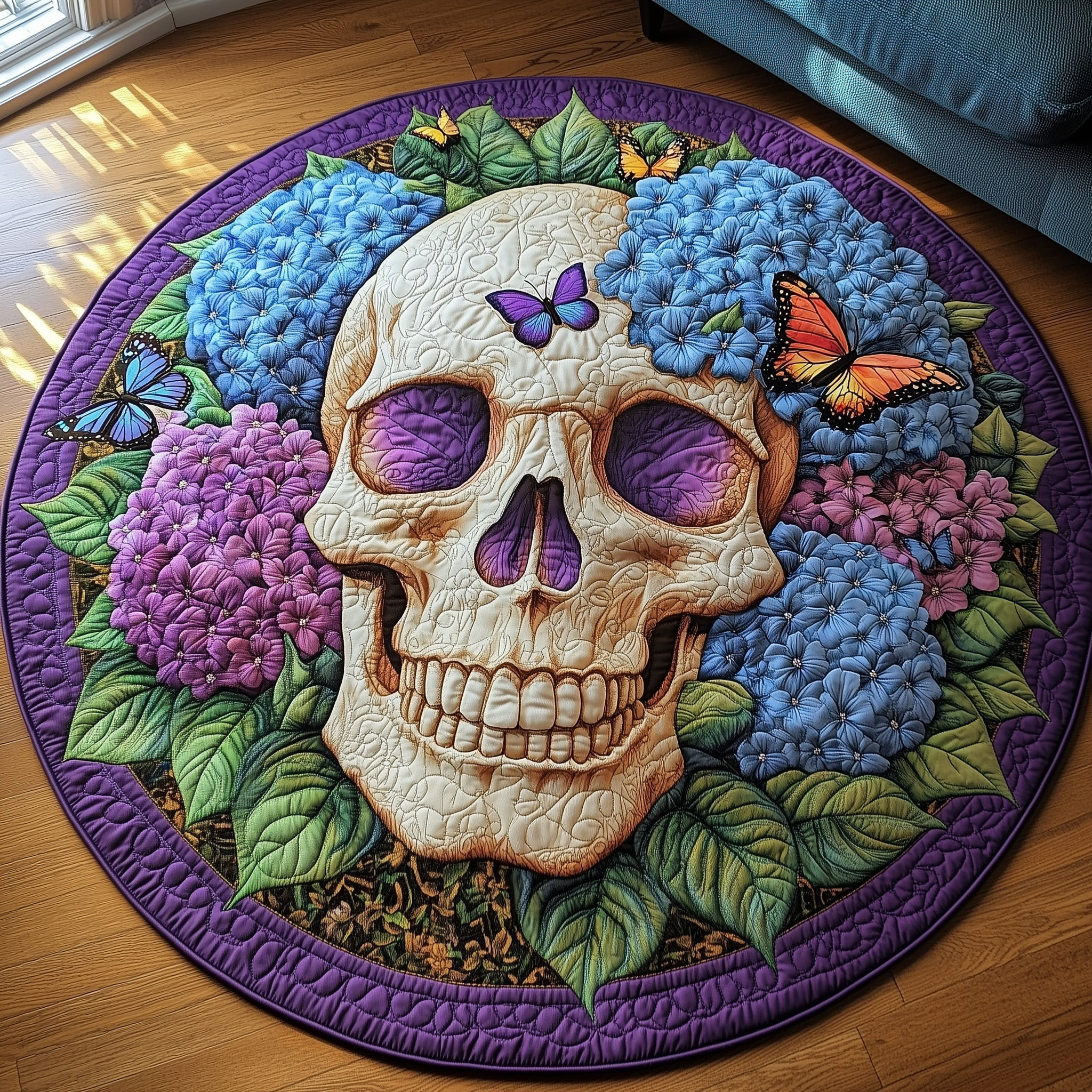 Skull Floral Quilted Round Mat Gothic Hydrangea Circle Rug Gift For Bestie - Tradiviet