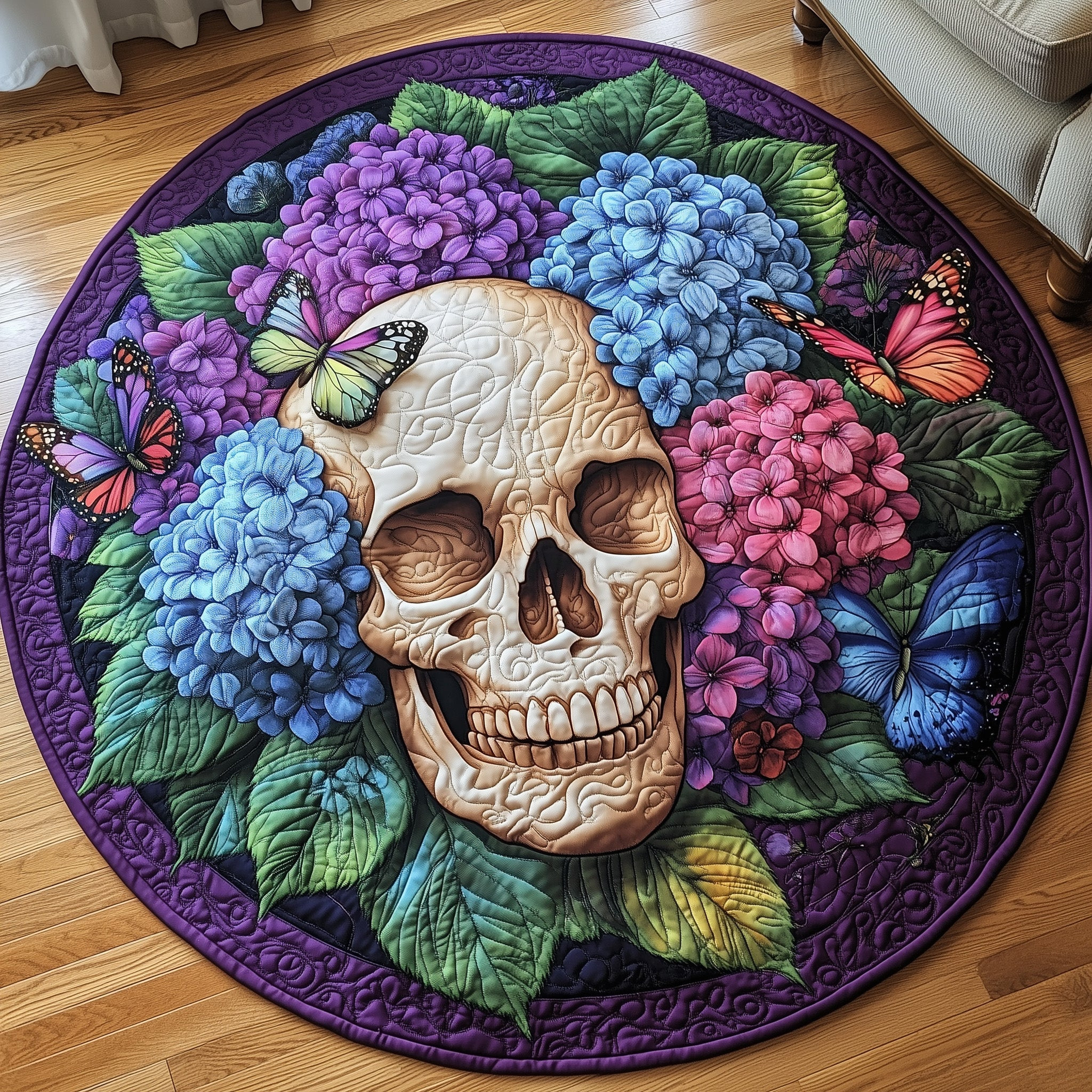 Skull Hydrangea Quilted Round Mat Gothic Floral Circle Rug Gift For Bestie - Tradiviet