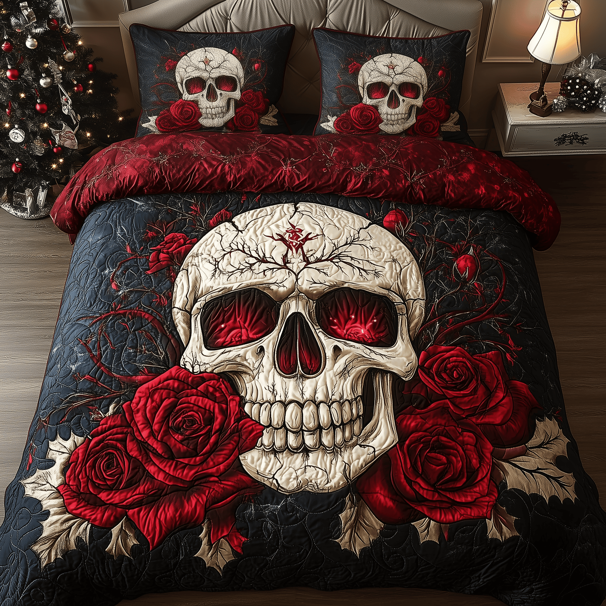 Skull in Blooming Roses Quilted Bedding Set Unique House Decorations Gift for Husband - Tradiviet