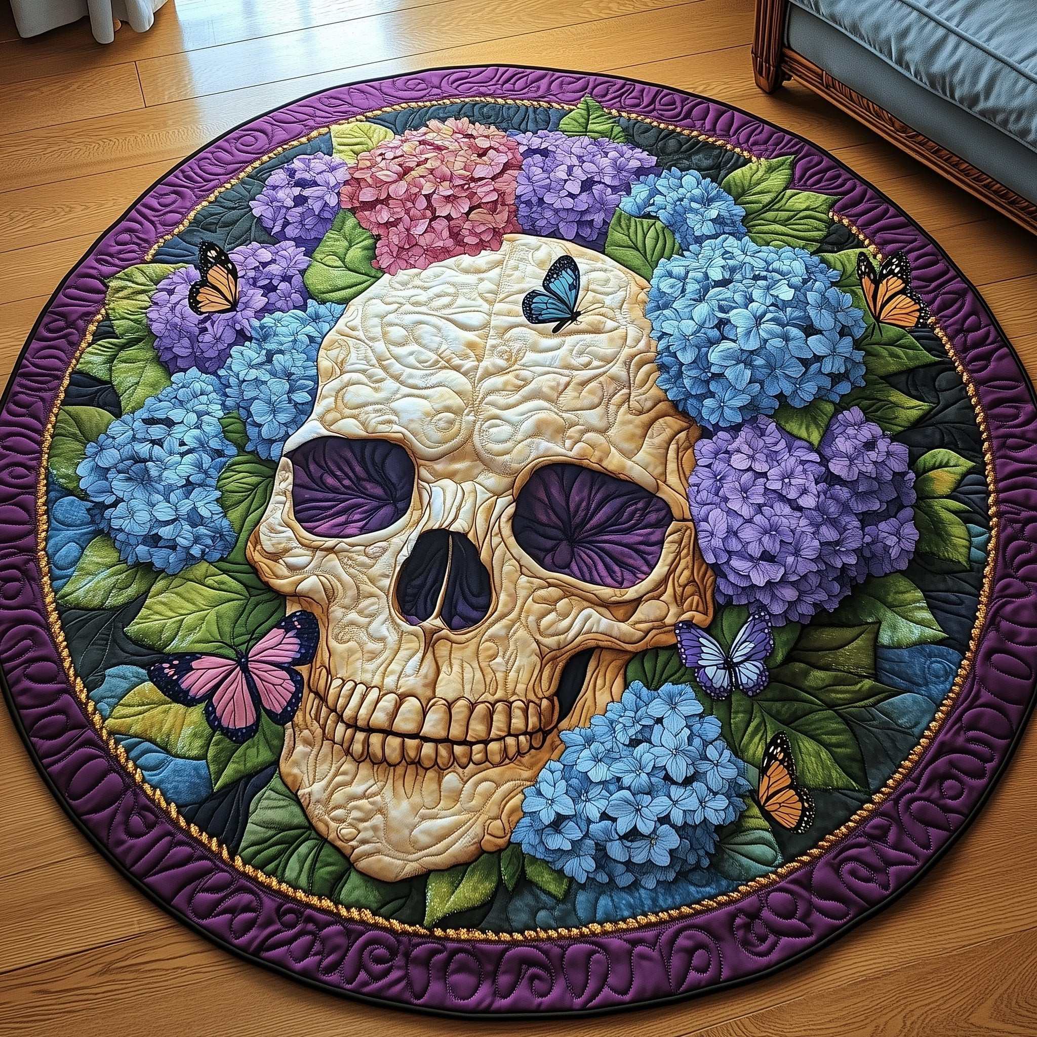 Skull Quilted Round Mat Blooming Floral Circle Rug Gift For Her - Tradiviet