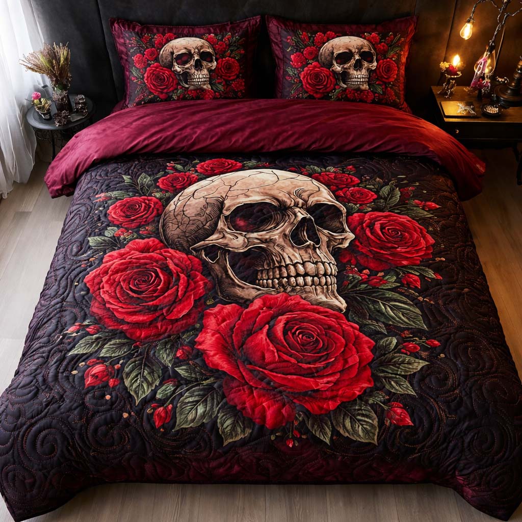 Skull Rose Quilted Bedding Set Holiday House Decorations Pirate Skull Gift For Boyfriends - Tradiviet