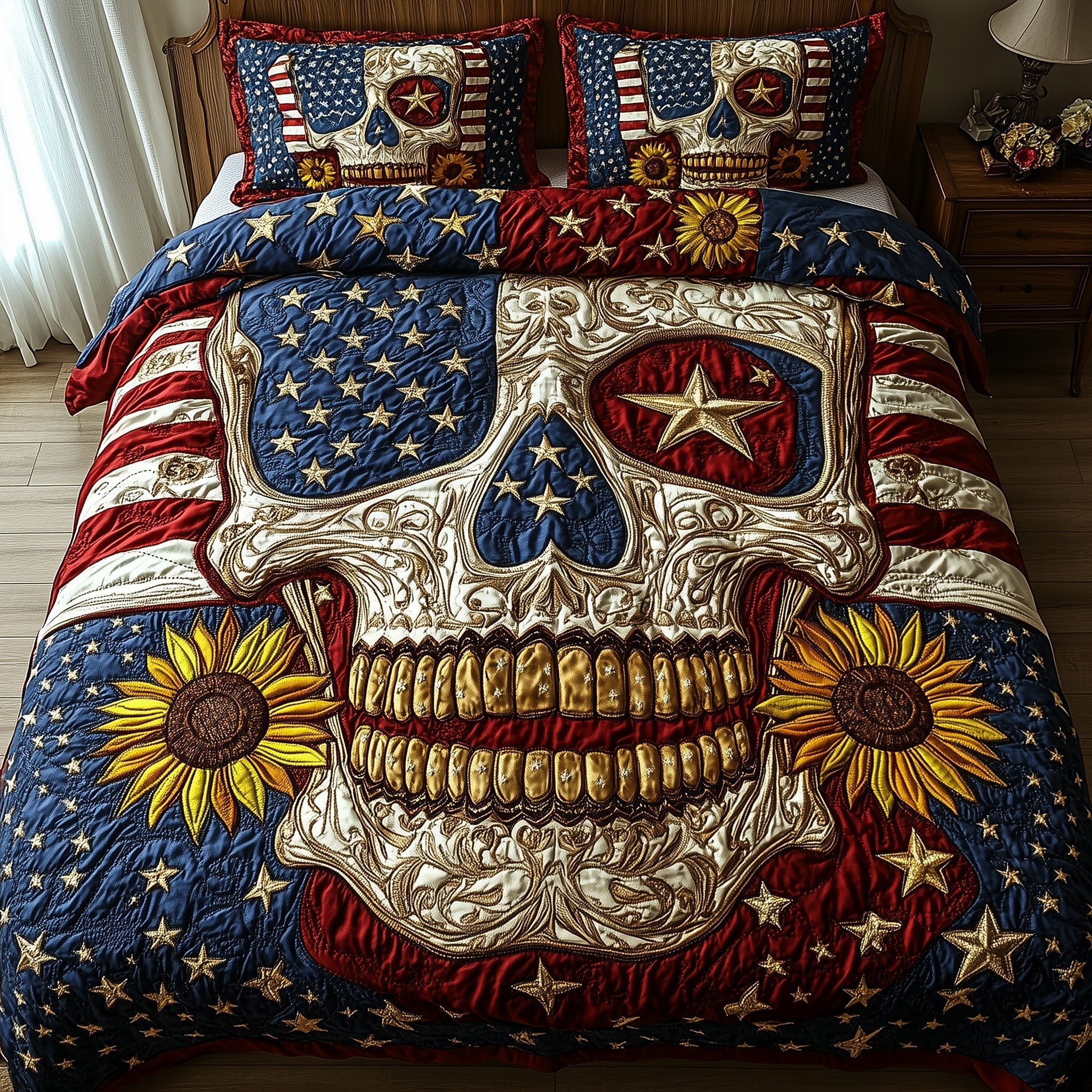 Skull Sunflower USA Flag Quilted Bedding Set Patriotic 250 Queen Bedding Set Gift For Proud Mom - Tradiviet