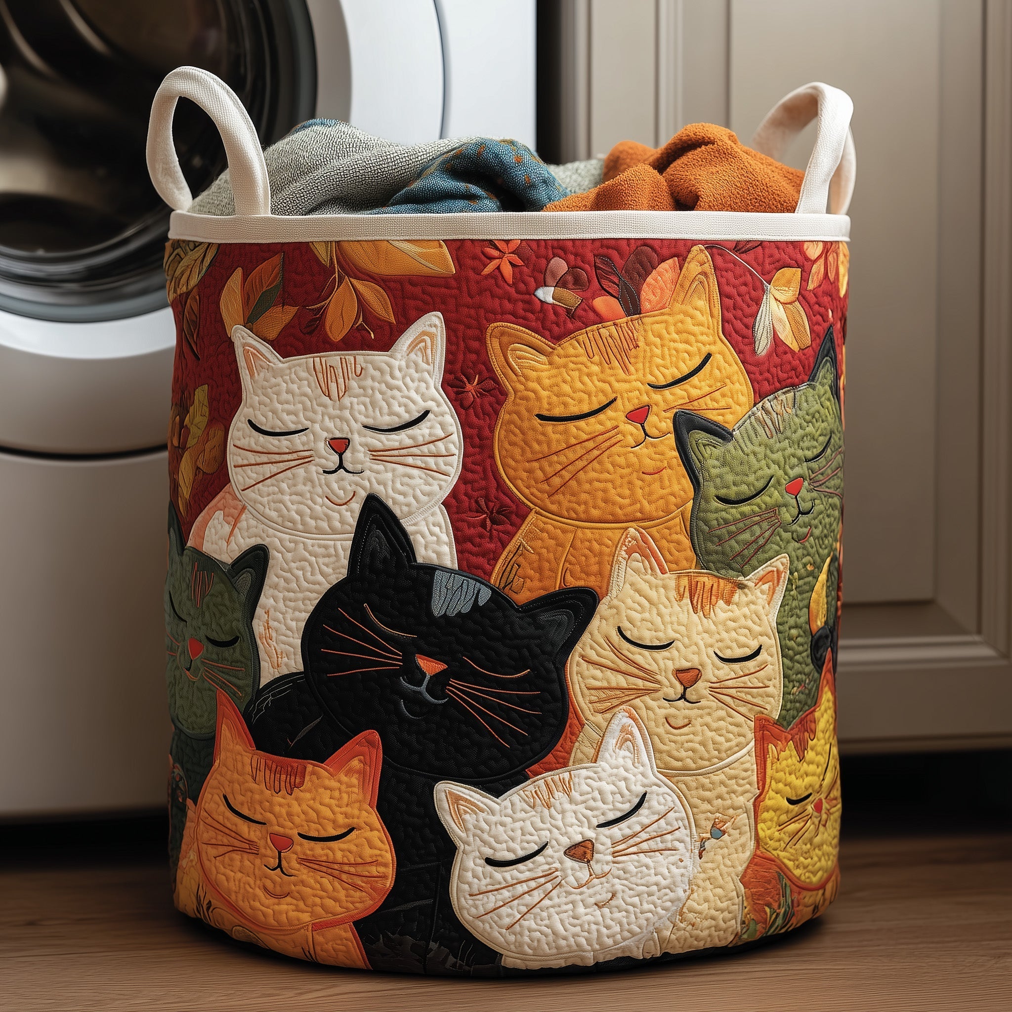 Sleeping Cat Quilted Laundry Basket Washroom Decor Baskets Dad Birthday Gifts - Tradiviet