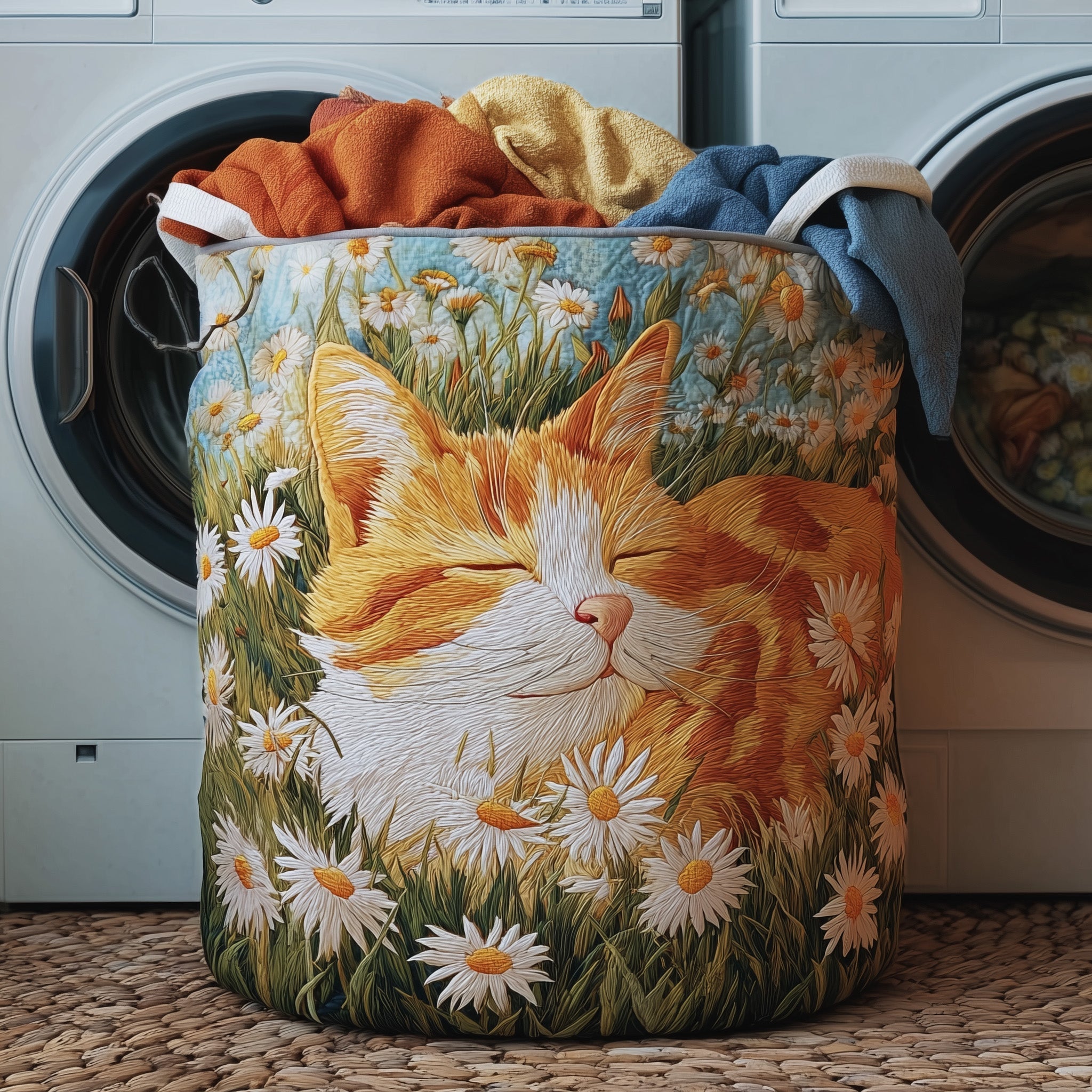Sleeping Cat Quilted Laundry Basket Washroom Decor Baskets Father's Day Gifts - Tradiviet