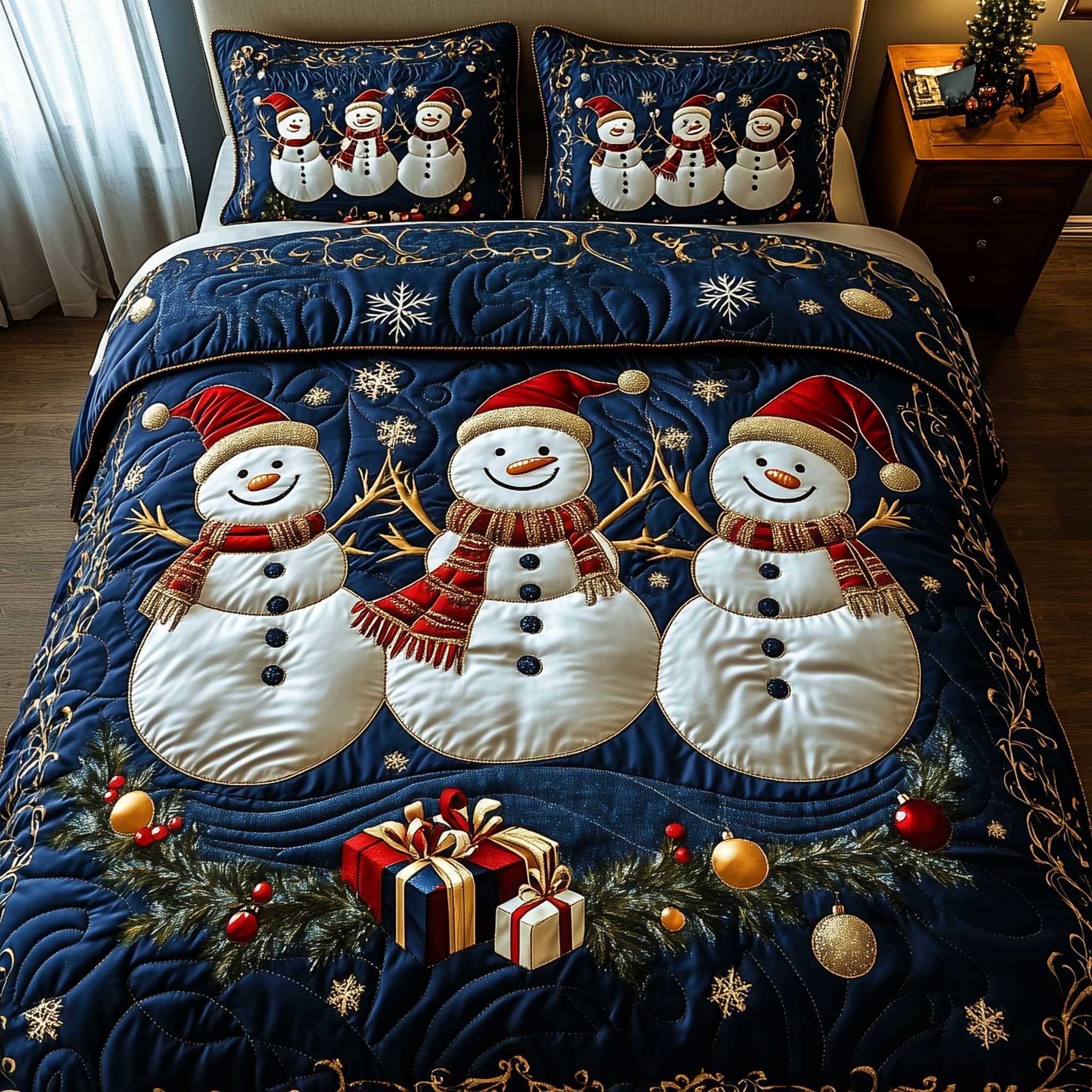 Snowy Companions Quilted Bedding Set Holiday Decorations Gift For Holiday Cheer - Tradiviet