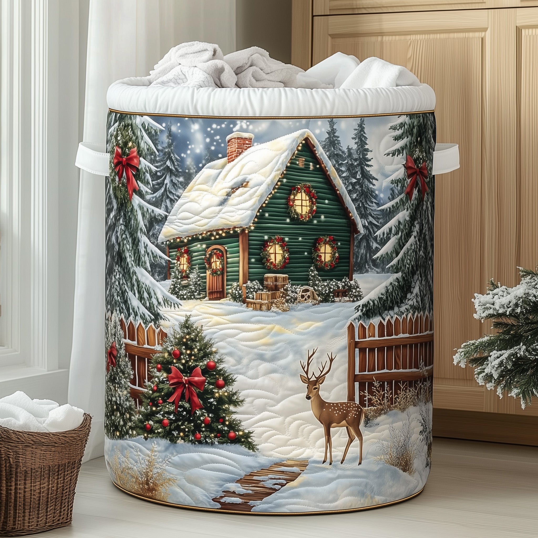 Snowy Cottage Quilted Laundry Basket Cool Laundry Hamper Gift For Grandma - Tradiviet