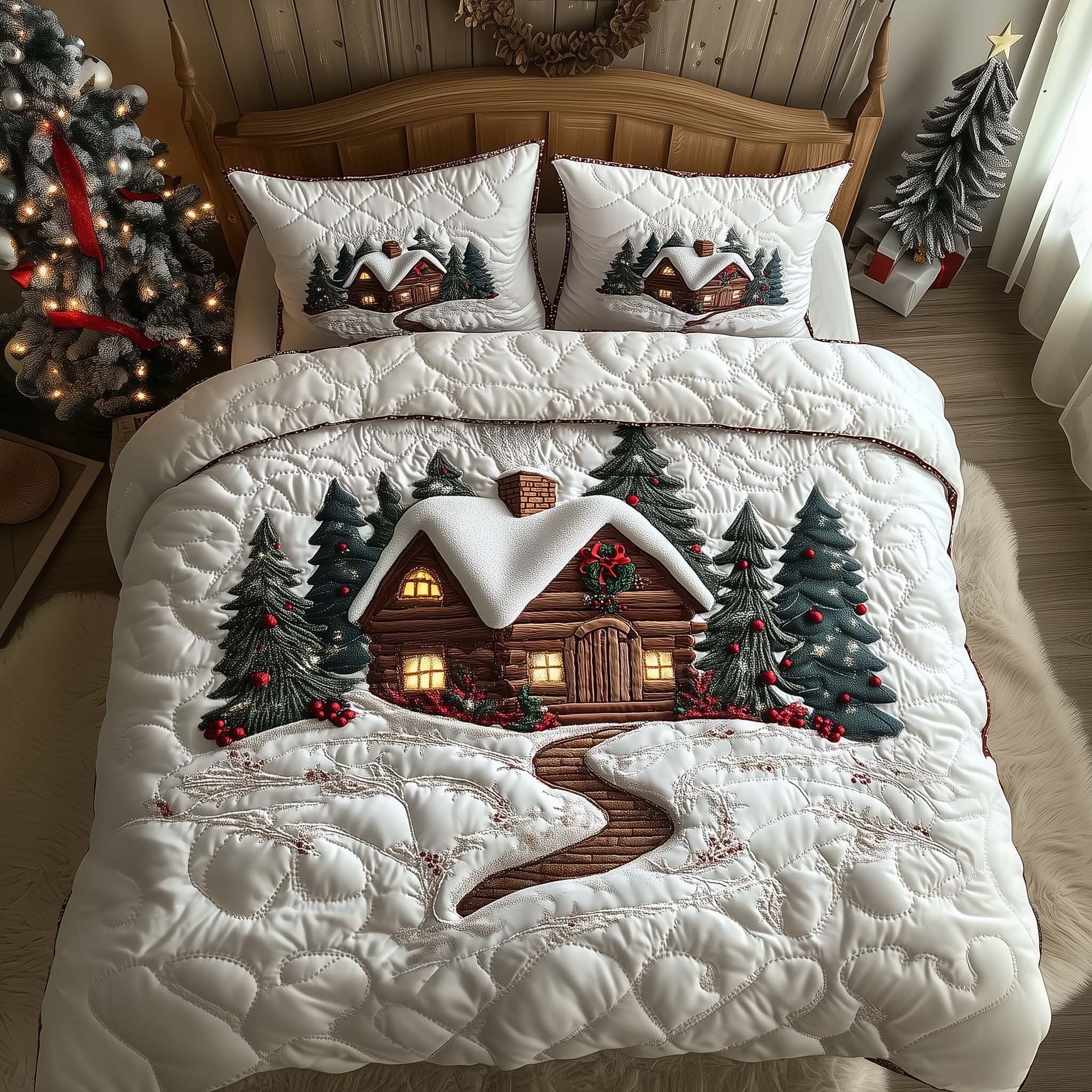 Snowy Lodge Quilted Bedding Set Autumn Inspired Bedroom Snowy Lodge Gift For Loved Ones - Tradiviet