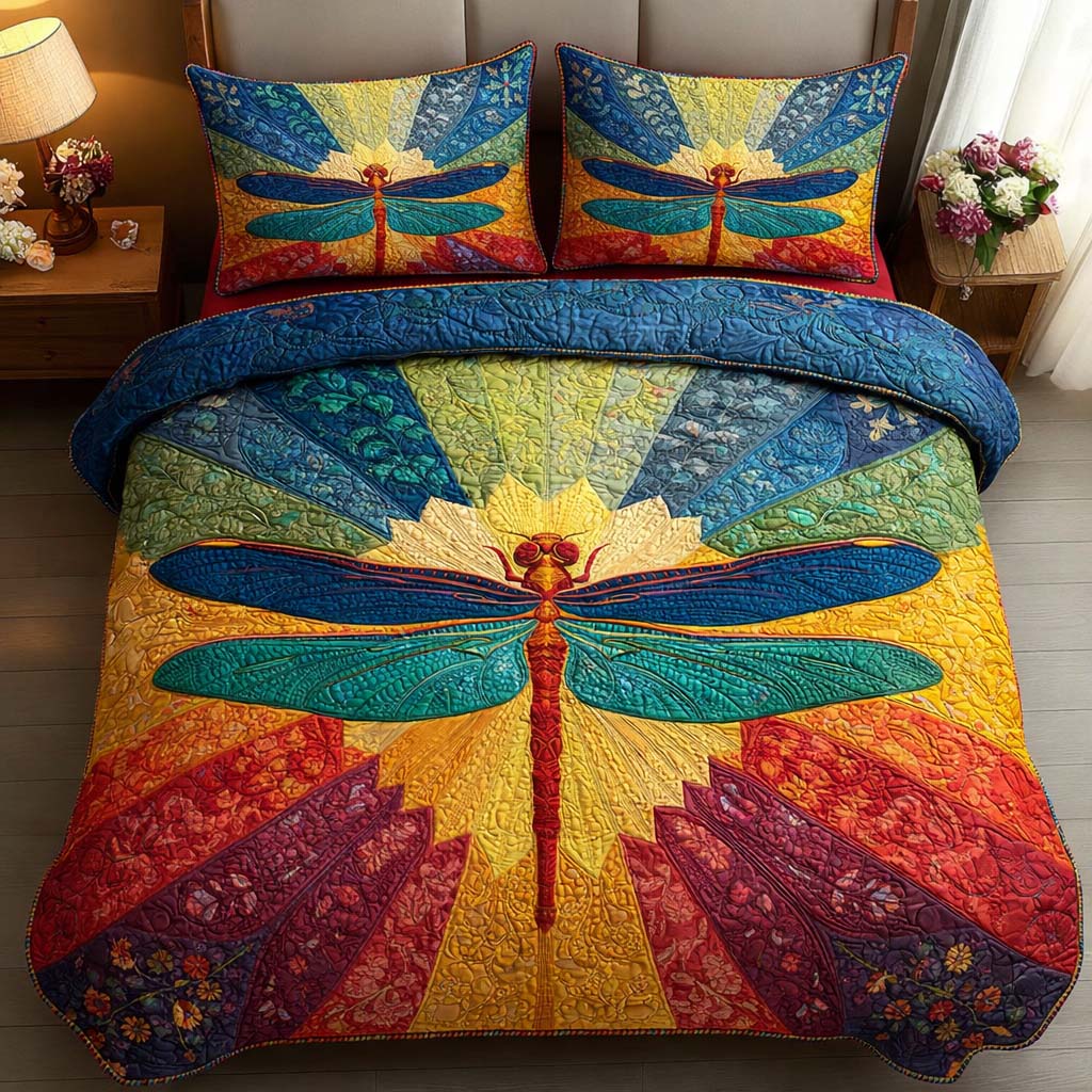 Solar Dragonfly Quilted Bedding Set Holiday Bedroom Decor Unique Best Gifts For DragonLovers - Tradiviet