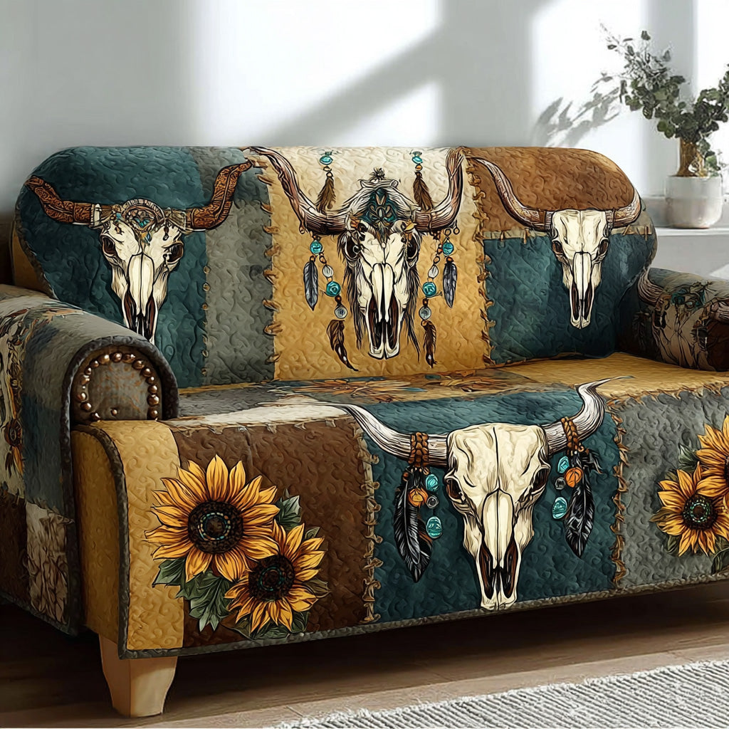 Southwestern Sunflower Skull Quilted Sofa Cover Western Skull Gift