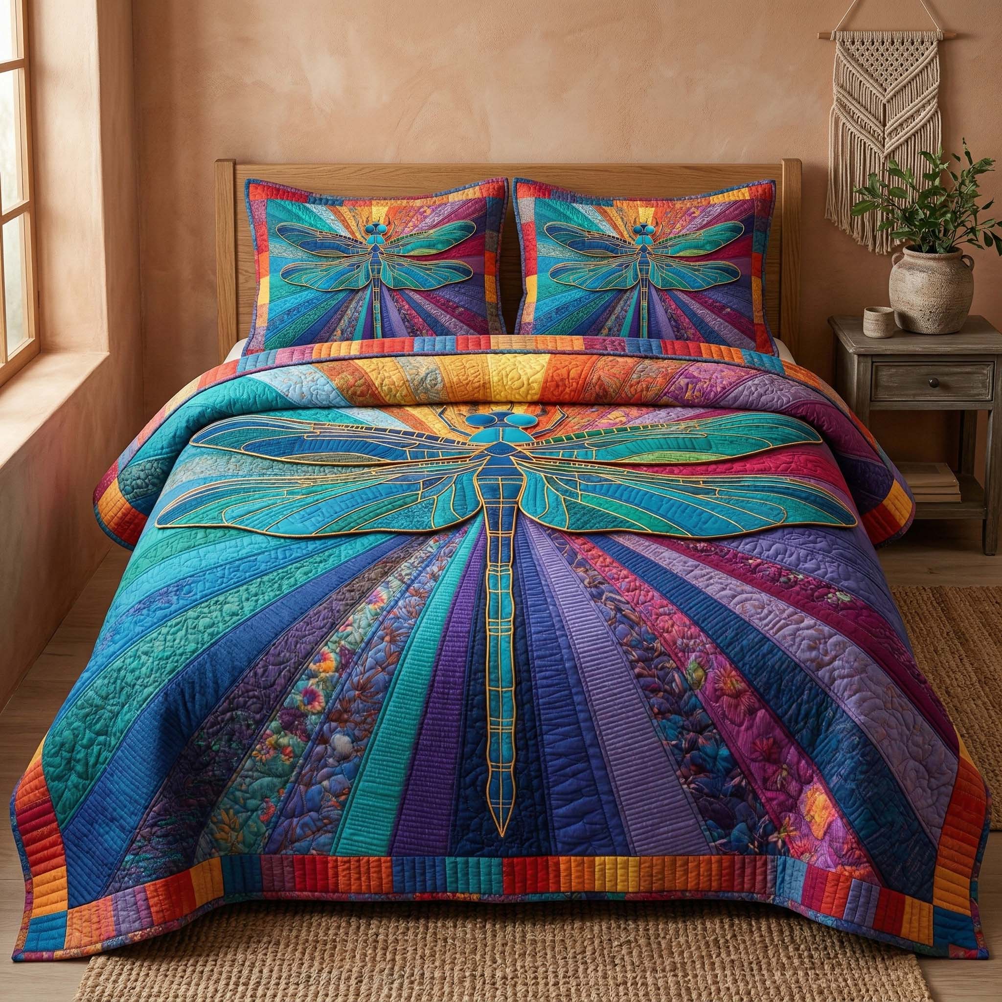 Spectrum Dragonfly Quilted Bedding Set Holiday Bedroom Decor Dragon Presents - Tradiviet