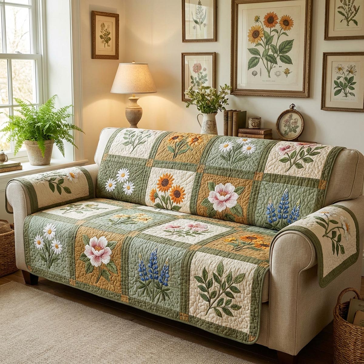 Spring Harmony Quilted Sofa Cover Spring Floral Garden Pattern Home Decor