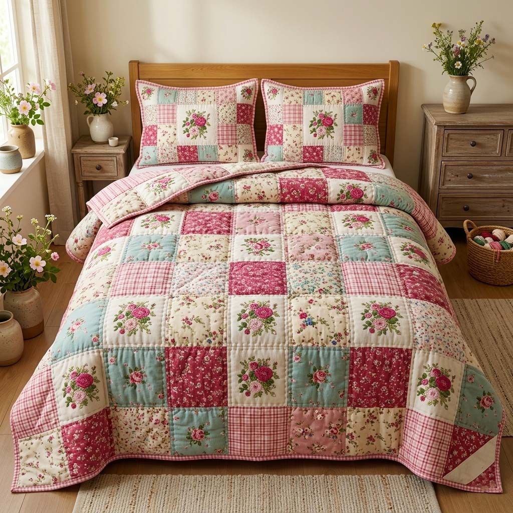 Spring Patchwork Quilted Bedding Set Holiday Room Decorations Gifts For Mom - Tradiviet