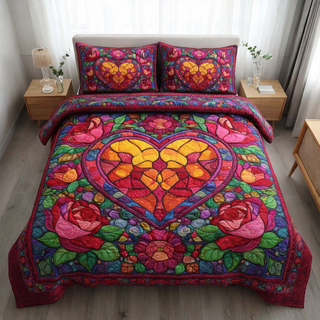Stained Heart Quilted Bedding Set Room Decoration Items Fathers Day Ideas - Tradiviet