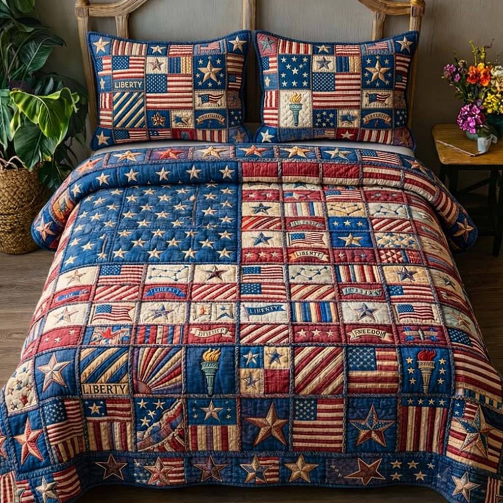 Star American Flag Quilted Bedding Set America Patriotic Eagle Quilt Cover Set Gift For Wife - Tradiviet