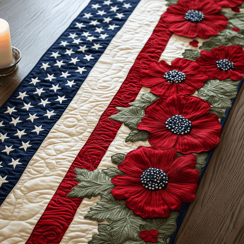 Star Bloom Quilted Table Runner  Dining Table Runner 4Th Of July Party Gifts
