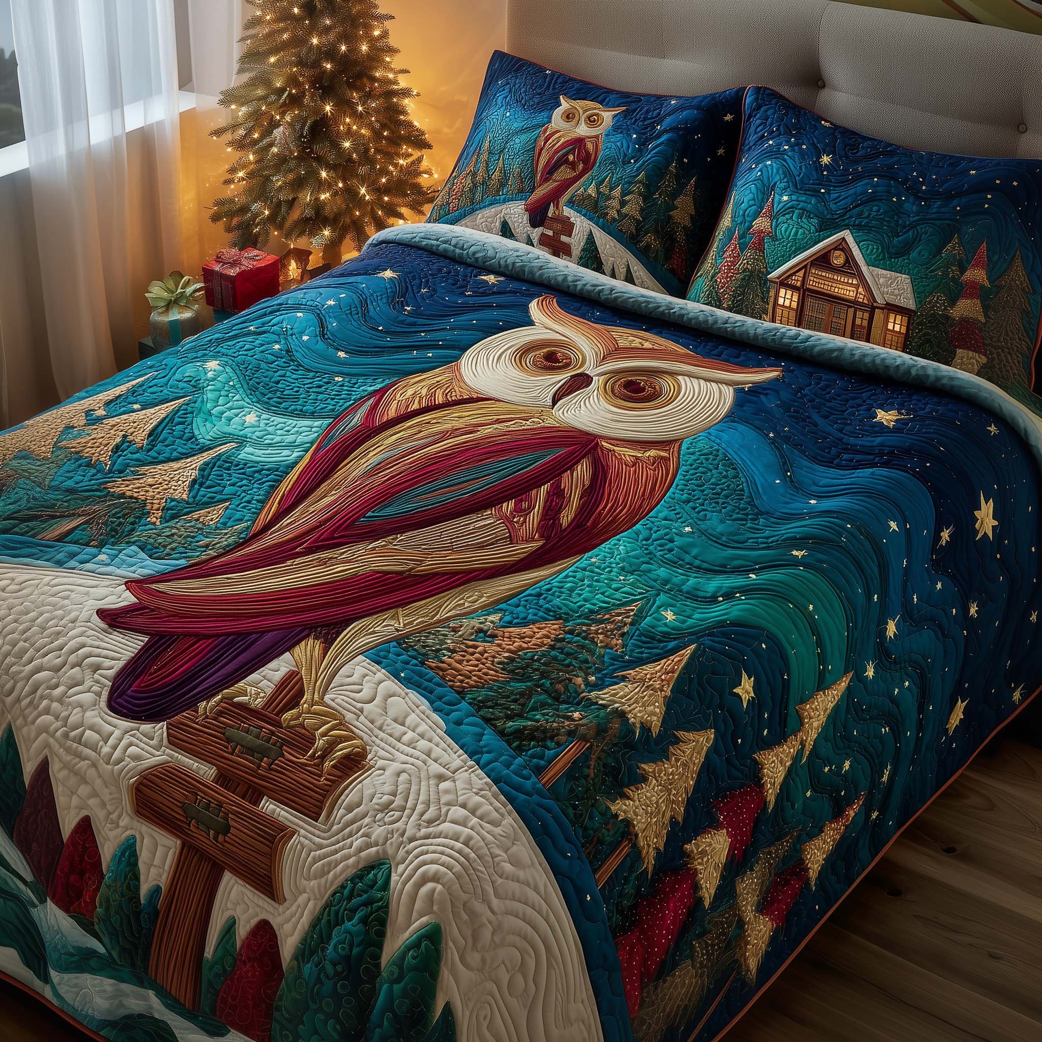 Starlit Owl Quilted Bedding Set Mens Bedroom Decor Owl Gifts For Him Her - Tradiviet