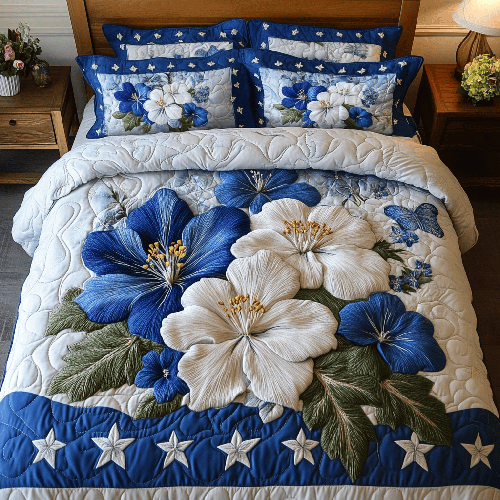 Starry Bloom  Quilted Bedding Set  King Size Duvet Cover 4Th Of July Themed Gifts