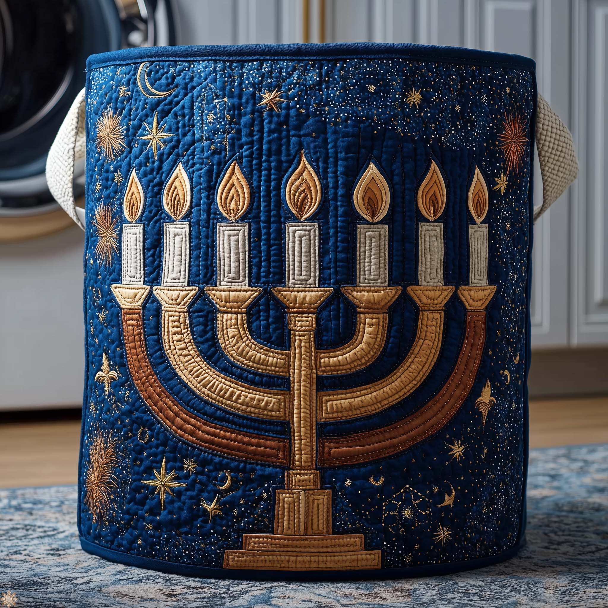 Starry Menorah Quilted Laundry Basket Washroom Decor Basket Best Mothers Day Gifts - Tradiviet
