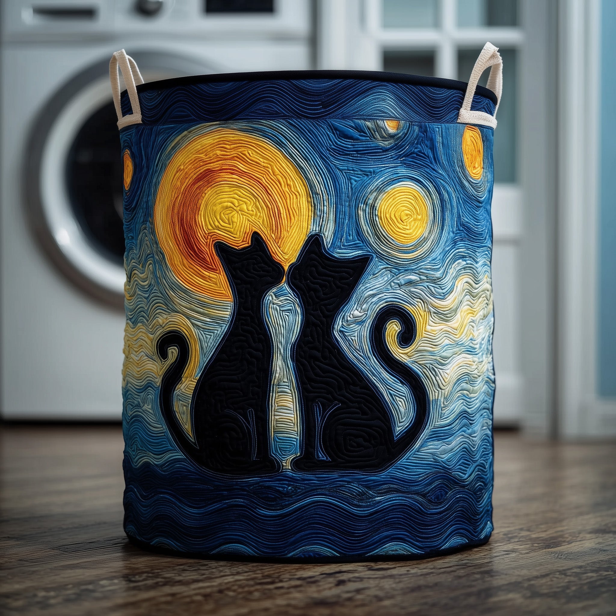 Starry Night Cat Couple Quilted Laundry Basket Holiday Room Decor Gift Ideas For Sister - Tradiviet