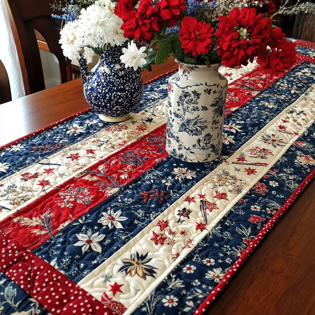 Stars and Petals Quilted Table Runner  Holiday Table Runner Fourth Of July Hostess Gifts