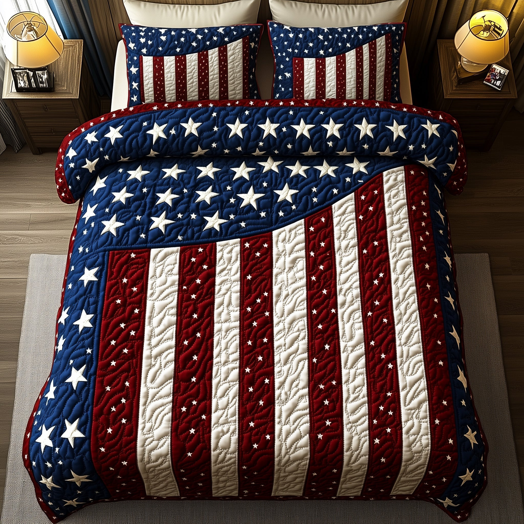 Stars And Stripes US Flag Quilted Bedding Set 1776-2026 Patriotic Quilt Cover Set Gift For New Home - Tradiviet