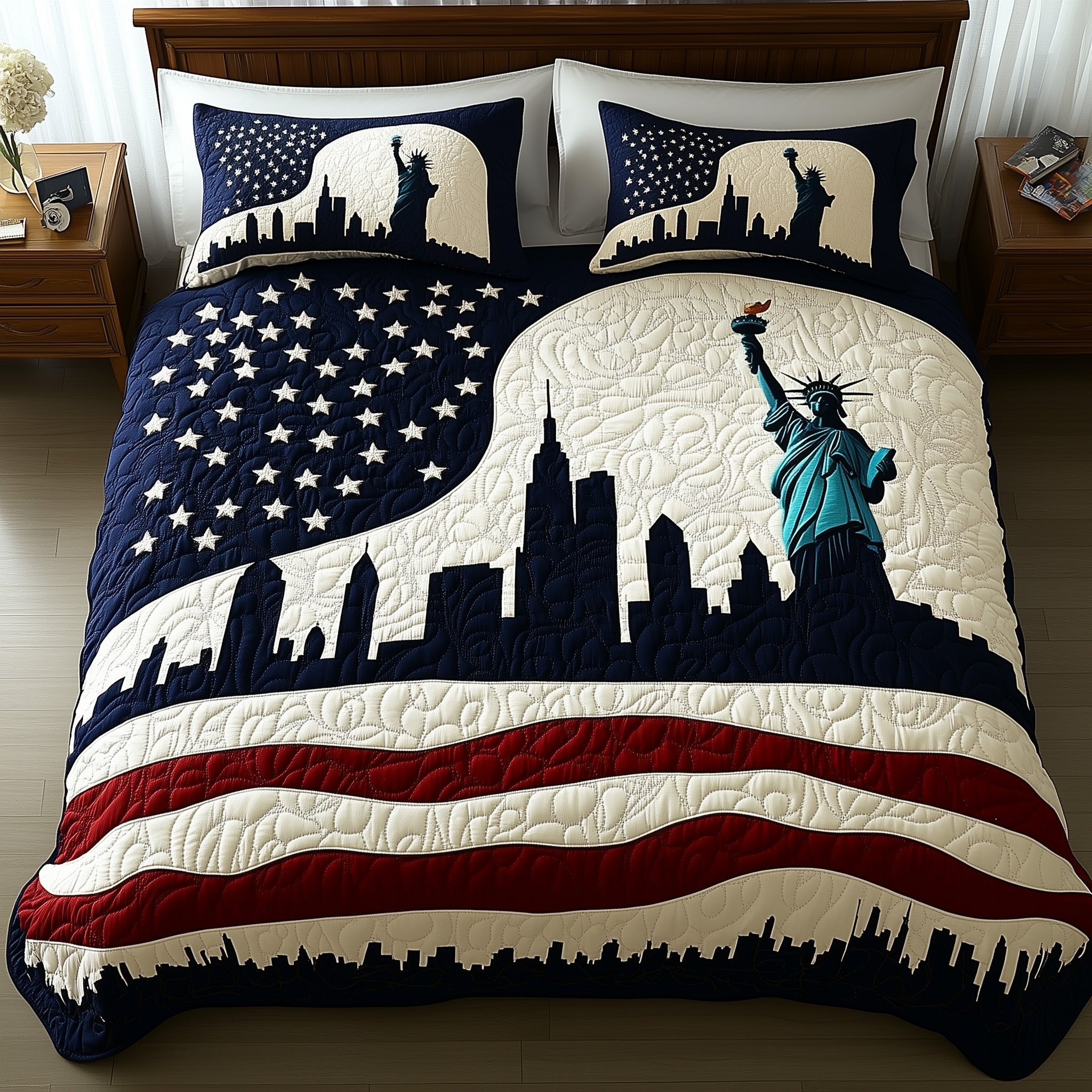 Statue Of Liberty Cityscape USA Flag Quilted Bedding Set Retro Patriotic Bedding Gift For Teacher - Tradiviet