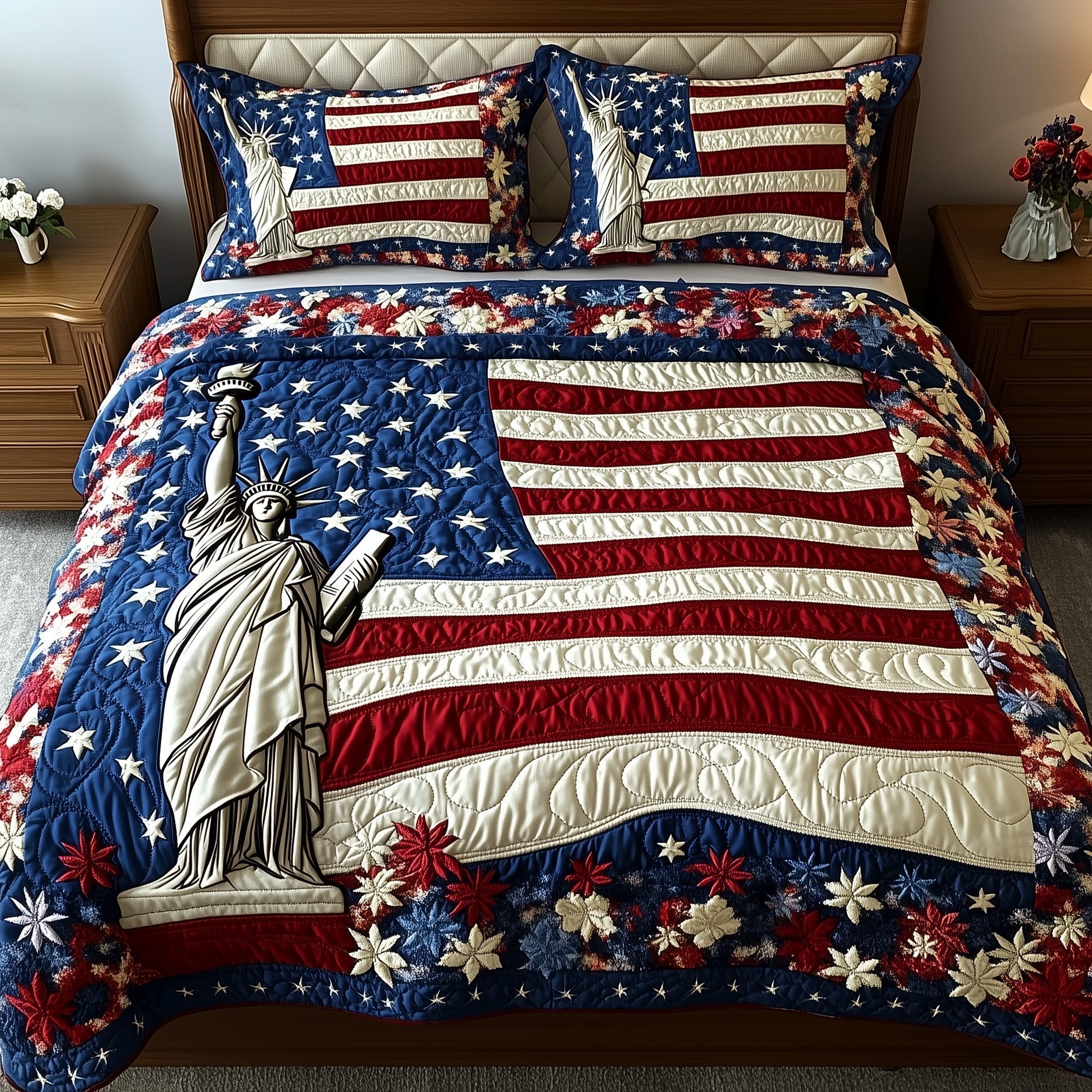 Statue Of Liberty Flag Quilted Bedding Set Retro Patriotic Bedding Gift For Veteran - Tradiviet