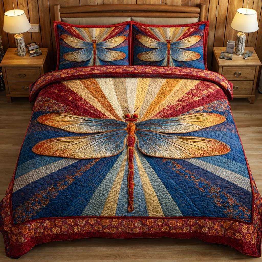 Sunburst Dragonfly Quilted Bedding Set Holiday Home Decor Awesome Dragon Lover Gift Ideas - Tradiviet