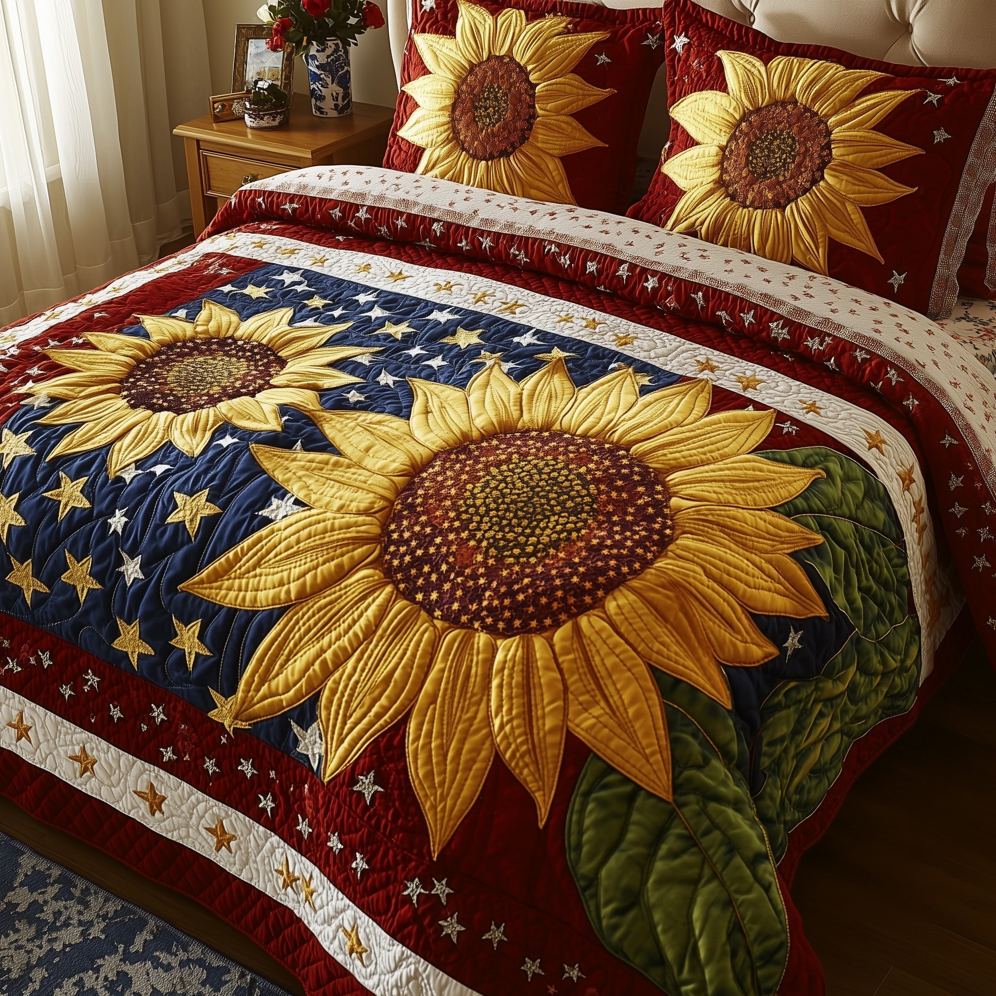 Sunflower America 250 Flag Quilted Bedding Set 1776-2026 Patriotic Rustic Bedding Gift For Parents - Tradiviet