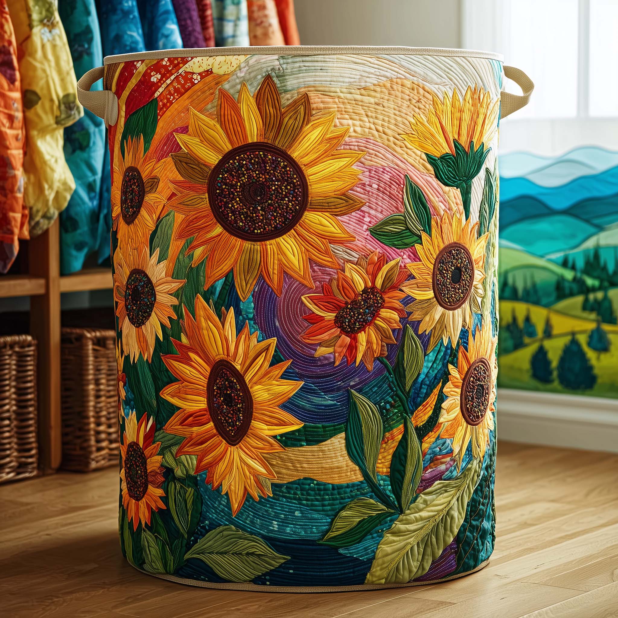 Sunflower Bloom Quilted Laundry Basket Cute Baskets Cool Mothers Day Gifts - Tradiviet