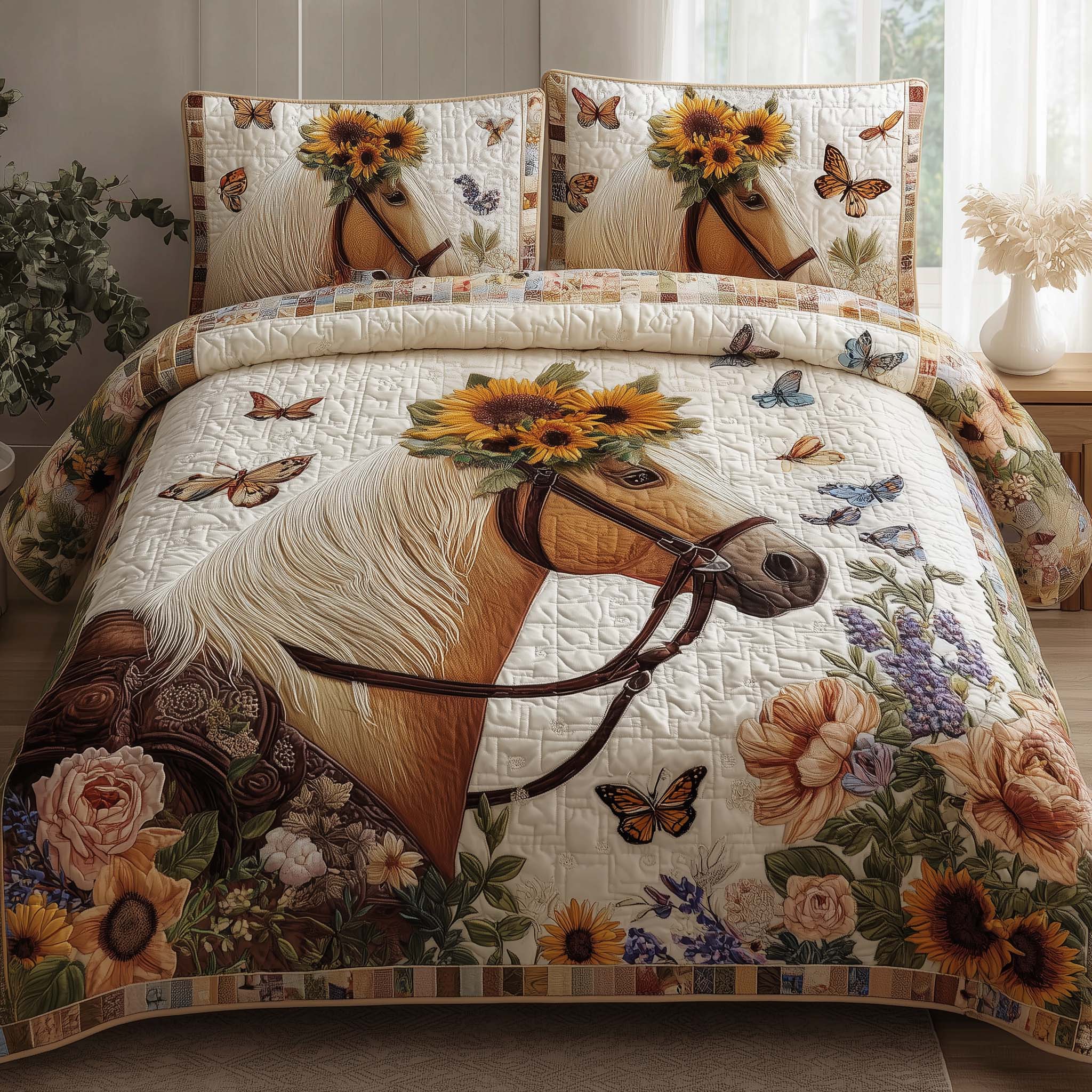 Sunflower Crown Horse Quilted Bedding Set Holiday Decorations For Your Room Gifts For Female Horse Lovers - Tradiviet