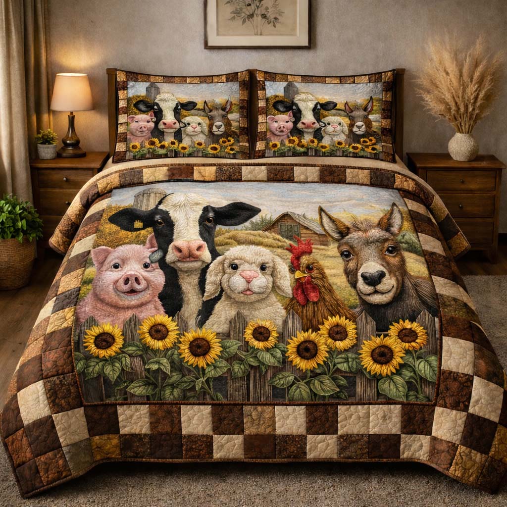 Sunflower Farm Family Quilted Bedding Set Holiday House Decorations Presents For Flower Lovers - Tradiviet