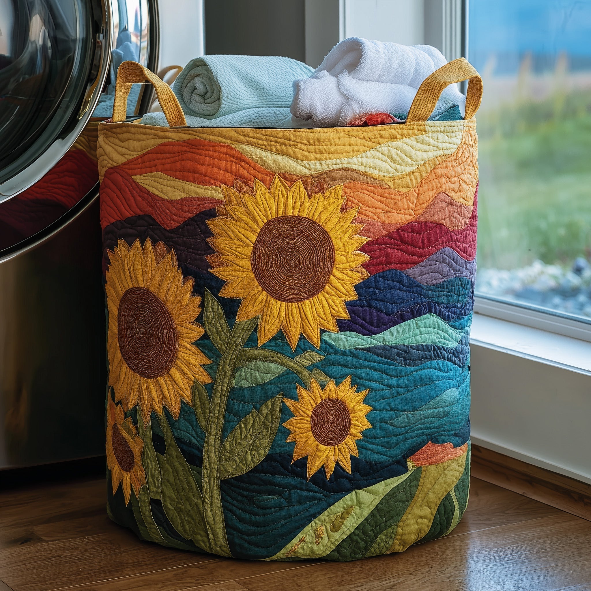 Sunflower Field Quilted Laundry Basket Aesthetic Storage Baskets Happy Mother's Day - Tradiviet