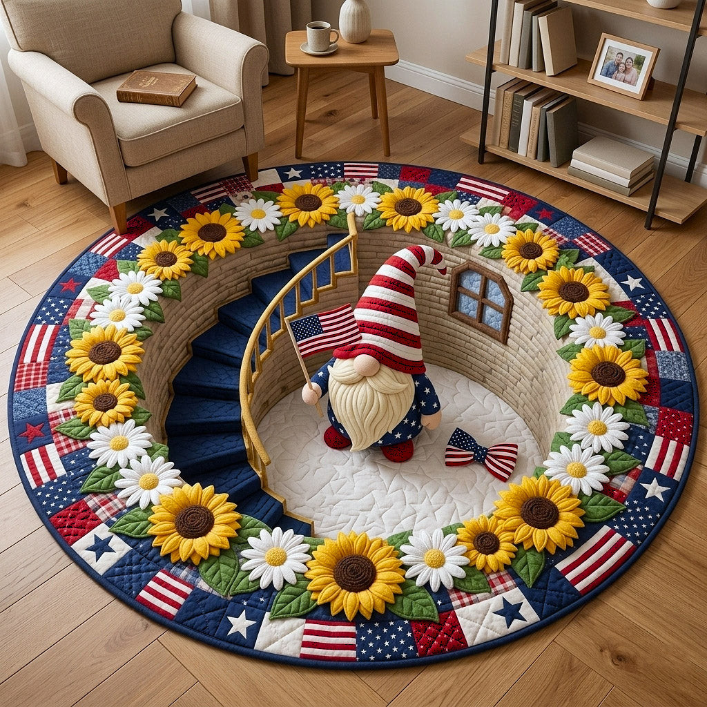 Sunflower Gnome Quilted Round Mat Patriotic Gnome American Flag Carpet Gift For Him - Tradiviet