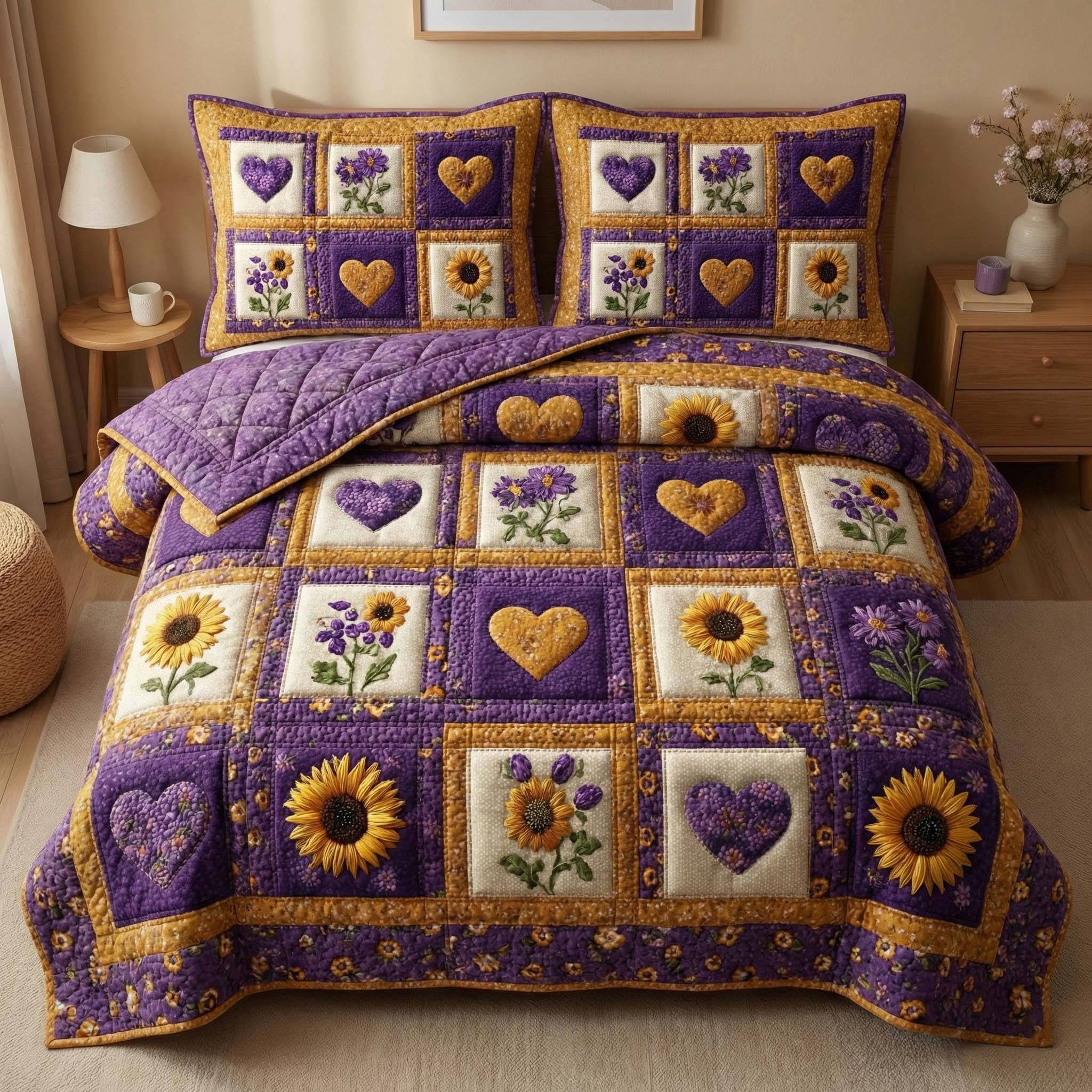 Sunflower Hearts Quilted Bedding Set Bohemian Bedroom Furniture Sunflower Birthday Gifts - Tradiviet