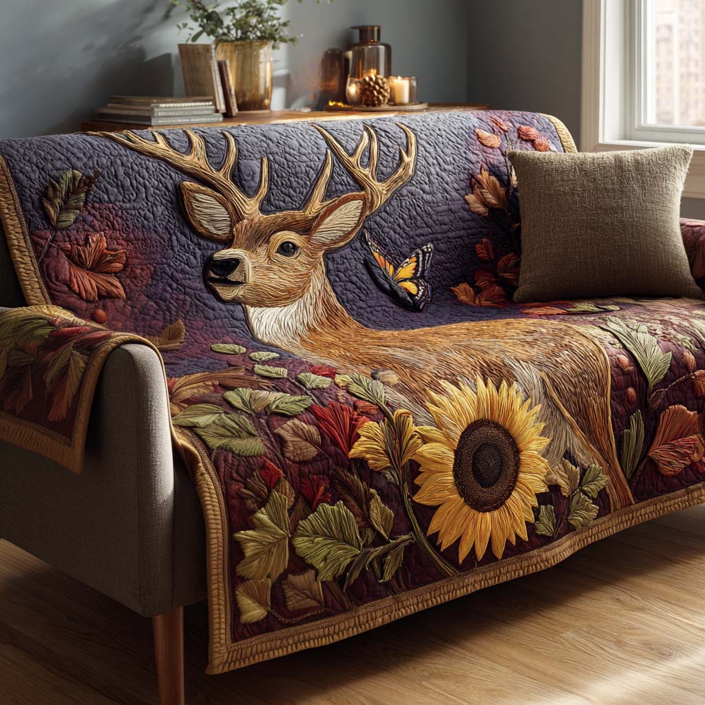Sunflower Stag Rustic Wildlife Quilted Sofa Cover Farmhouse Couch Cover