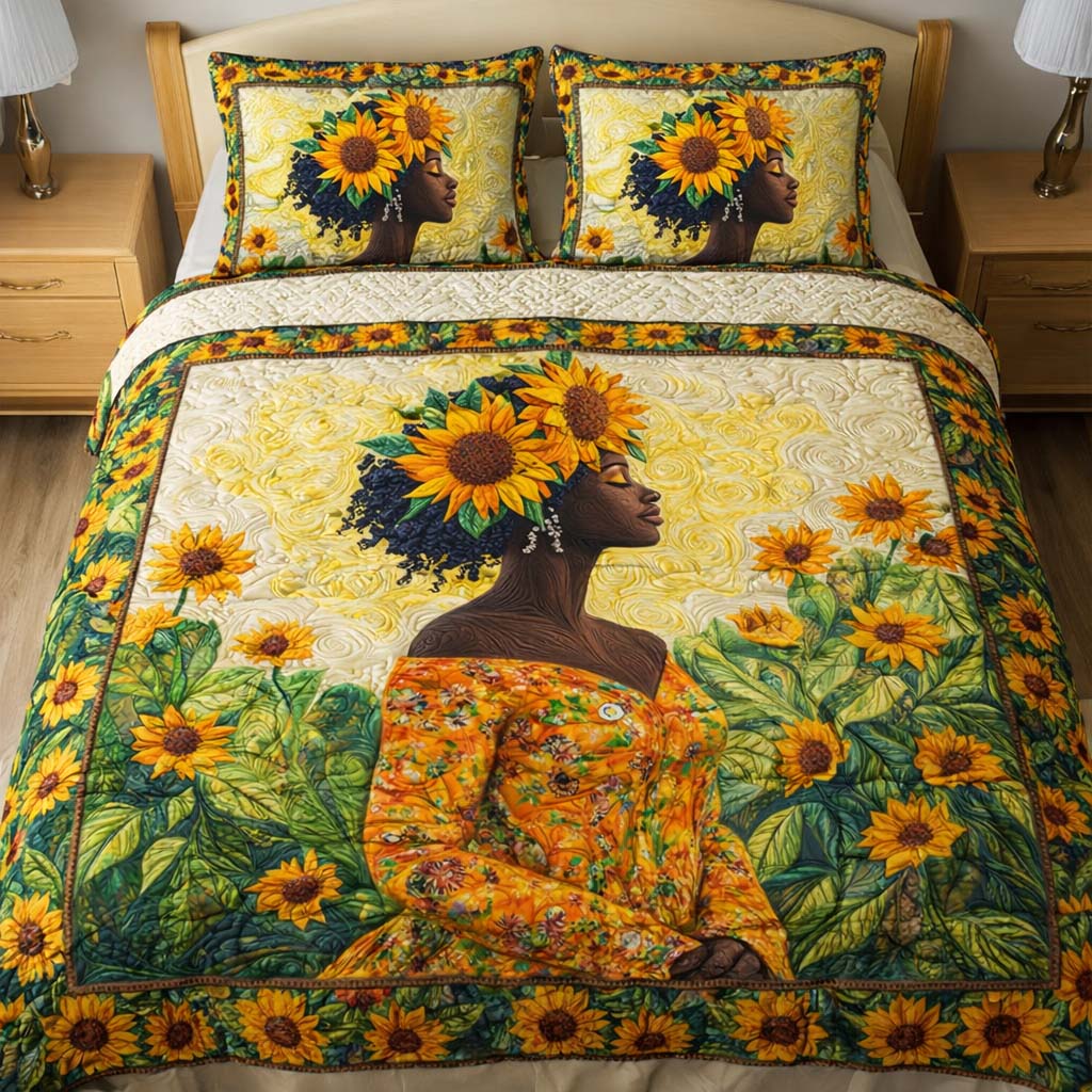 Sunflower Woman Quilted Bedding Set Holiday Home Decor Gifts For Sunflower Lovers - Tradiviet