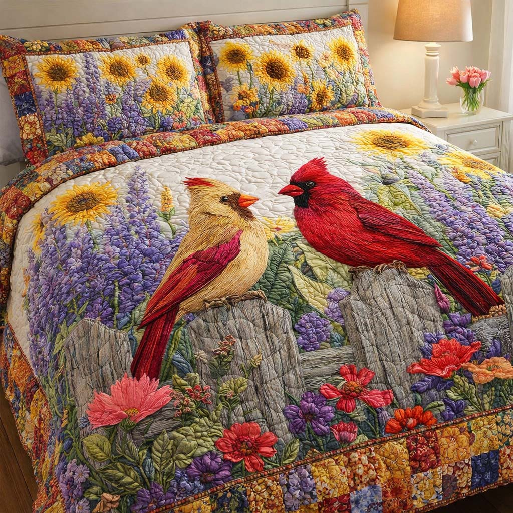 Sunlit Cardinal Meadow Quilted Bedding Set Holiday House Decorations Gift For Nature Lovers - Tradiviet