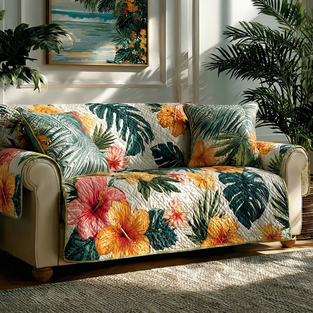 Sunlit Tropics Quilted Sofa Cover Tropical Floral Pattern Living Room Decor