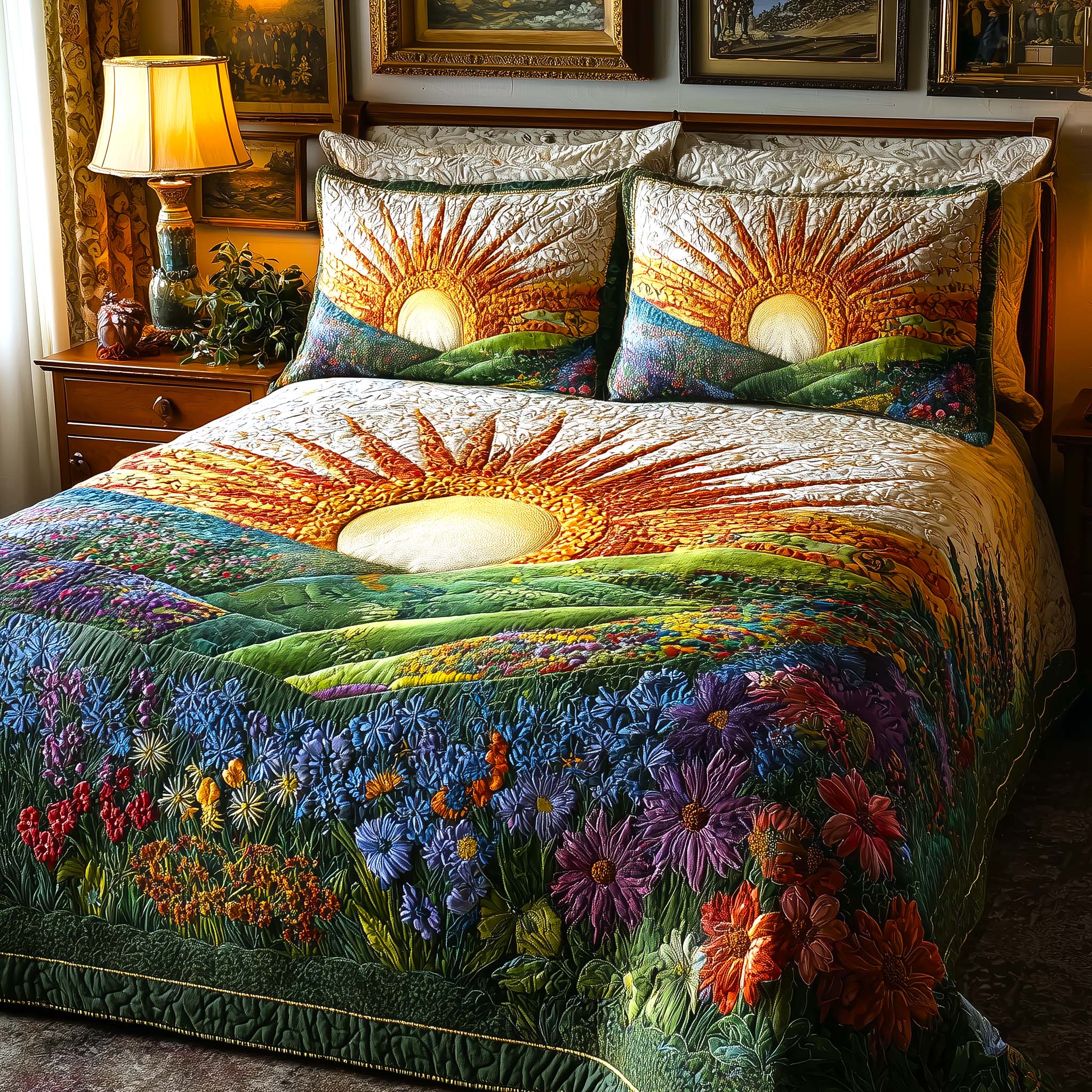 Sunny Meadow Quilted Bedding Set Holiday Home Decor Gift Ideas For Dad - Tradiviet