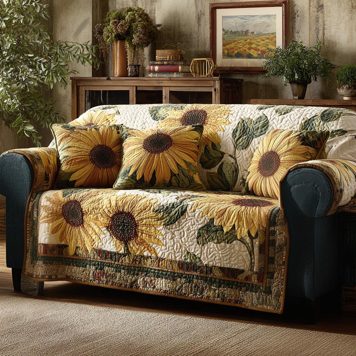 Sunrise Bloom Quilted Sofa Cover Flower Sunrise Pattern Decor