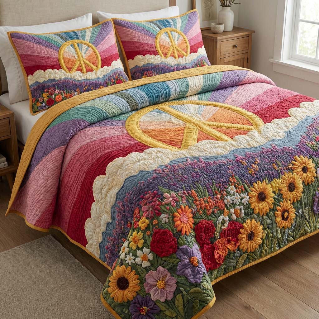 Sunrise Unity Quilted Bedding Set Bed Room Decoration Gift For Peace Seekers - Tradiviet