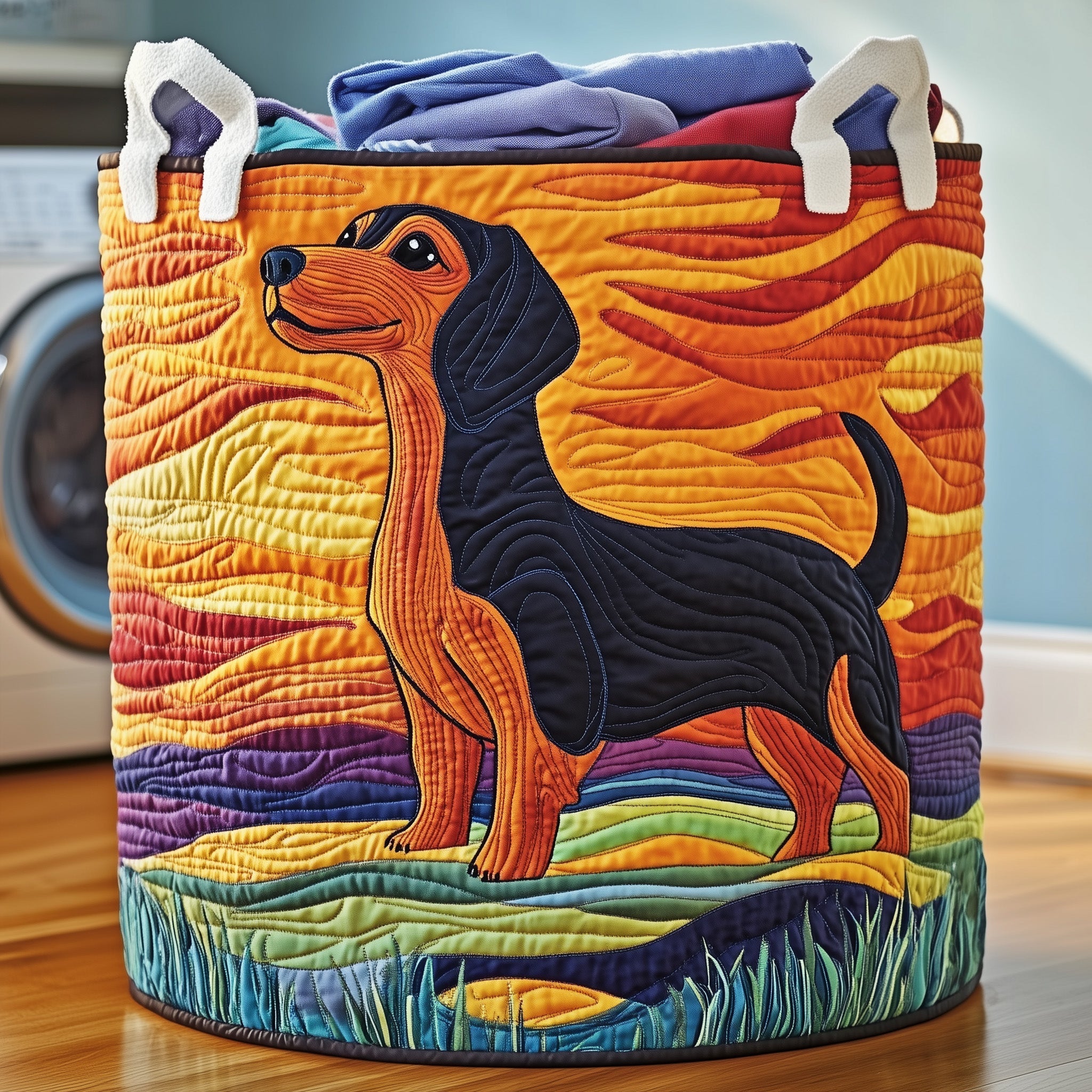 Sunset Dachshund Quilted Laundry Basket Aesthetic Storage Baskets Gifts For Sister In Law - Tradiviet