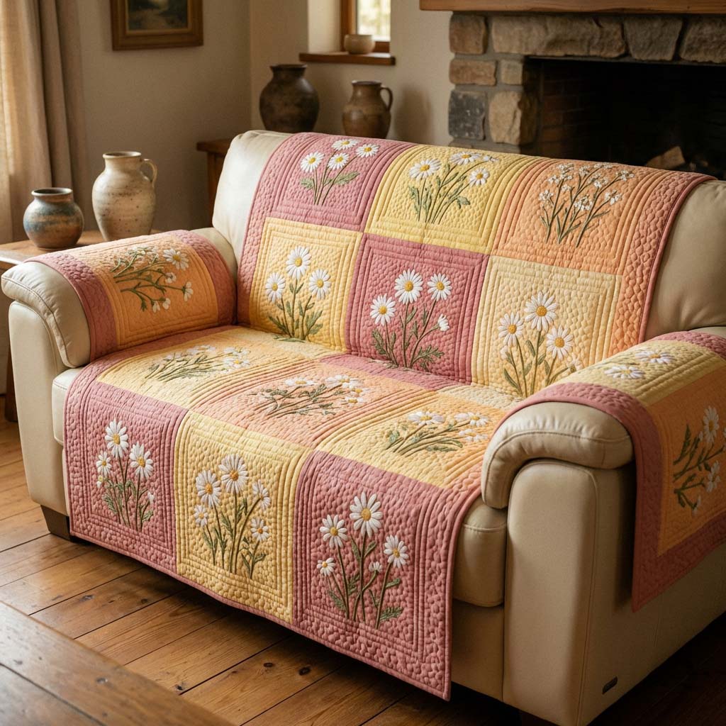 Sunset Flower Quilted Sofa Cover Floral Garden Pattern Home Decor