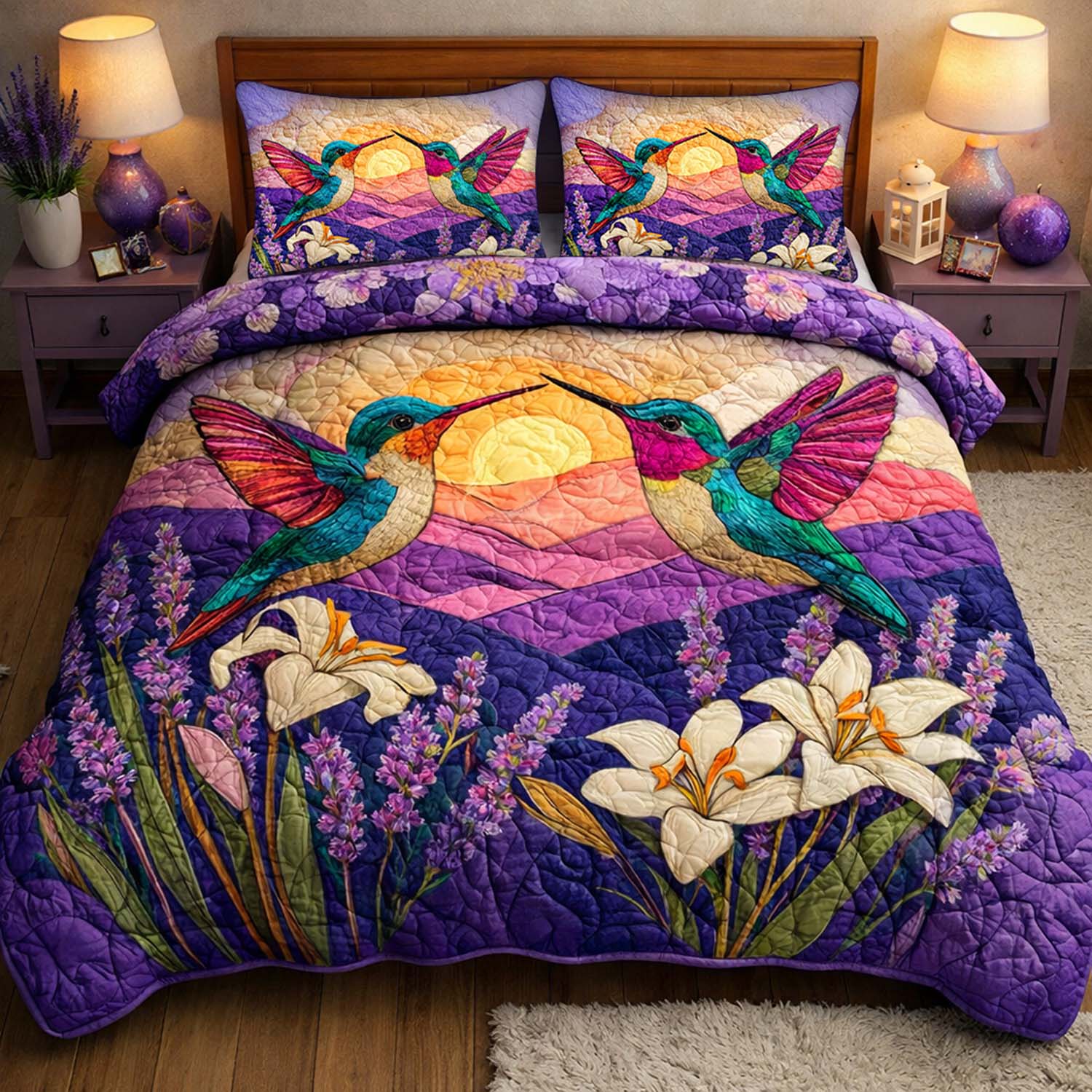 Sunset Harmony Hummingbirds Quilted Bedding Set Holiday Decorations Hummingbird Gifts For Women - Tradiviet