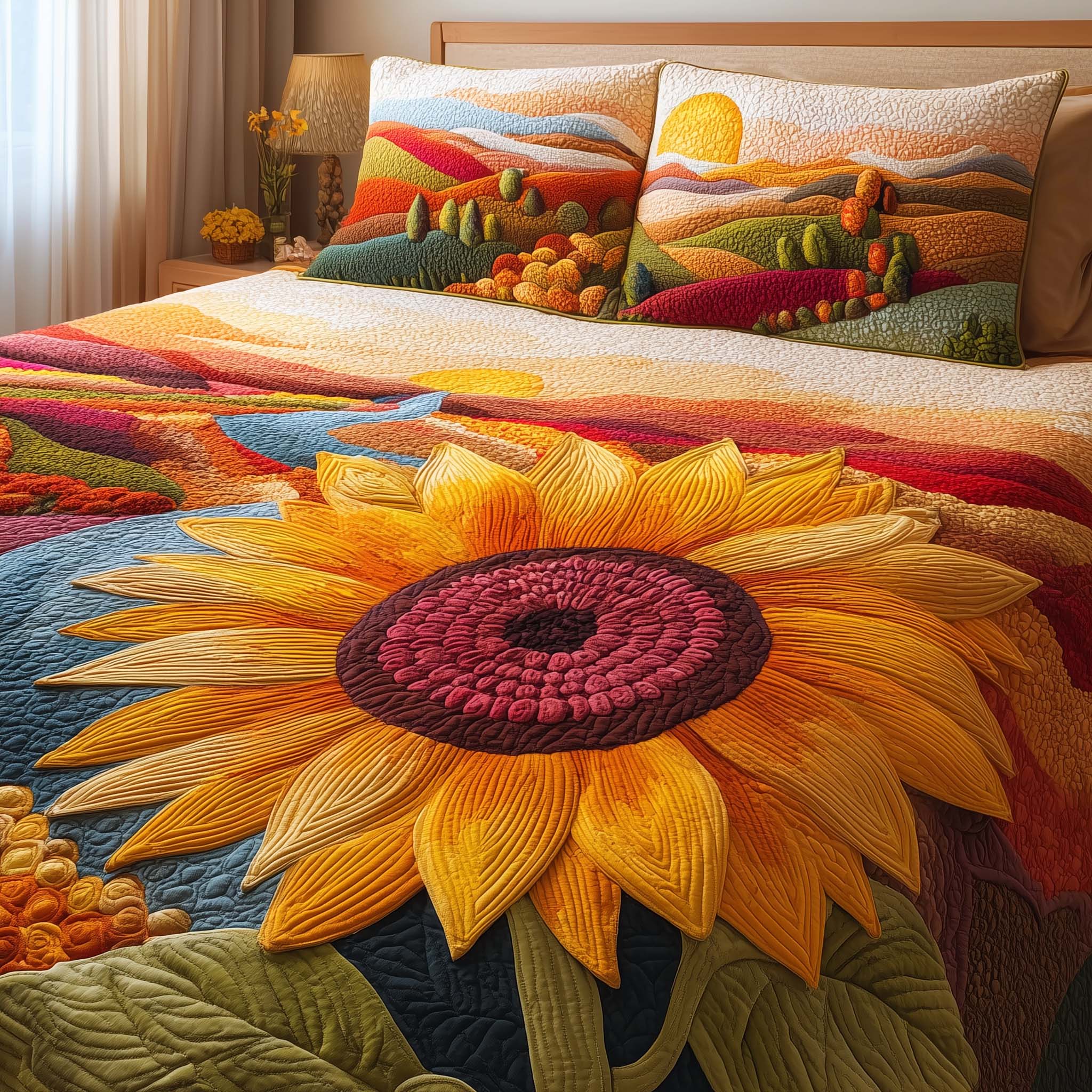 Sunset Sunflower Quilted Bedding Set Room Decoration Items Sunflower Theme Gifts - Tradiviet