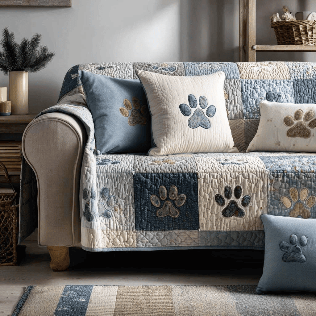 Sweet Paw Print Quilted Sofa Cover Patchwork Couch Covers Animal Lovers Gift Ideas