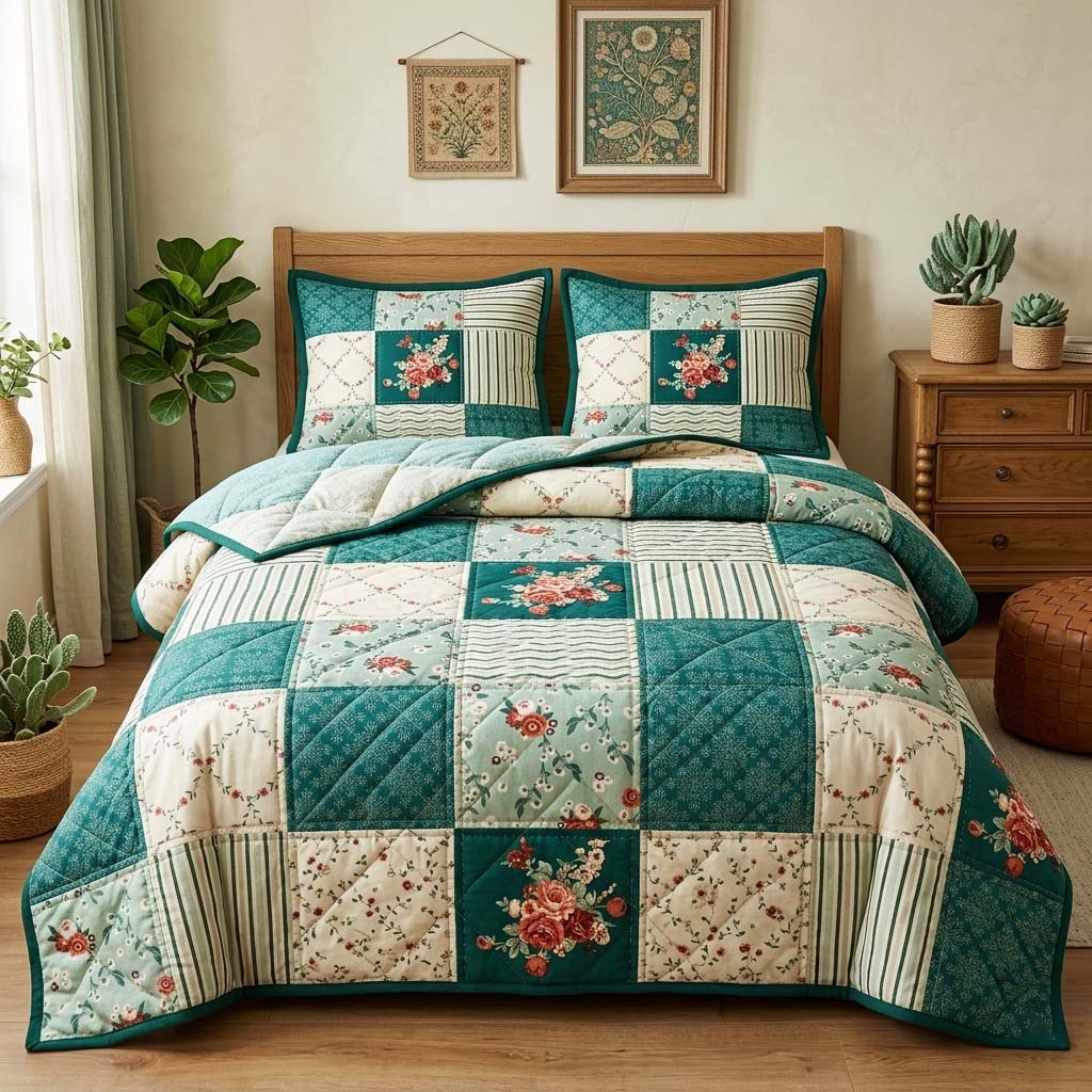 Teal Blooms Quilted Bedding Set Cozy Holiday House Decorations Mother's Day Gift - Tradiviet
